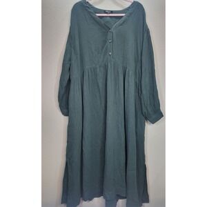 Madewell green crinkle cotton long sleeve button front midi dress size 18W